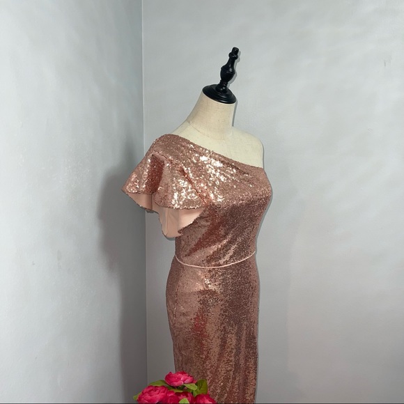 # Mac Duggal Rose Gold Sequins One Shoulder Ruffle Mini Dress / Gown New W/ Tag - Picture 6 of 17